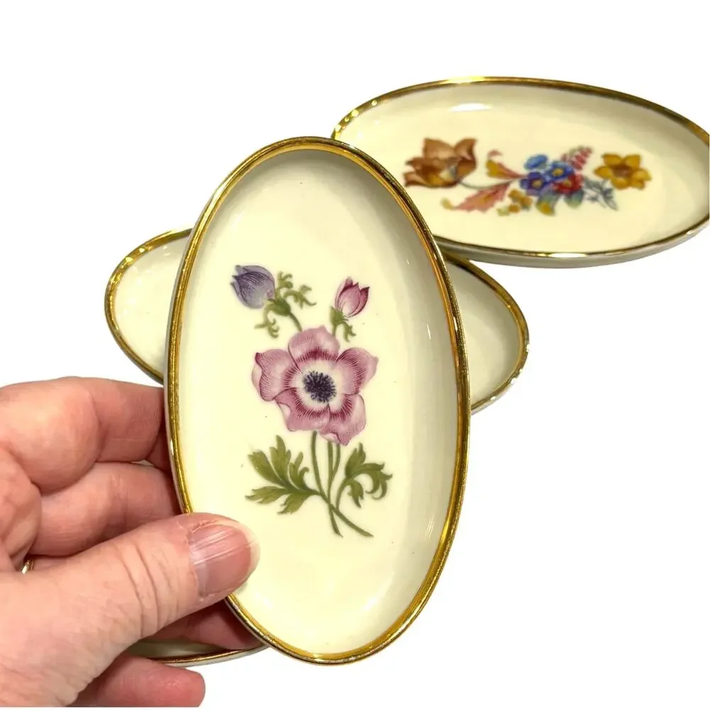 Set of 4 Denmark Danmark porcelain pin dish small oval trays variety floral